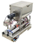 Heavy Duty Pneumatic Liquid Filler Workhorse With Heating And Mixing Functions features dual nozzles and stainless steel construction.