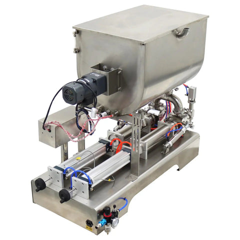 Heavy Duty Pneumatic Liquid Filler Workhorse With Heating And Mixing Functions features dual nozzles and stainless steel construction.