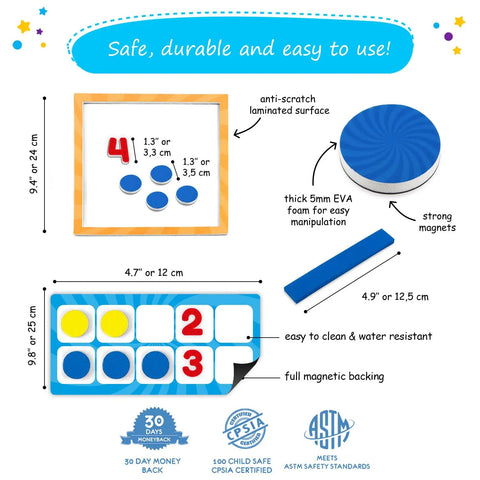 84 Piece Magnetic Number Bonds and Magnetic Ten Frames Set for Classroom Use with measurements and safety features.