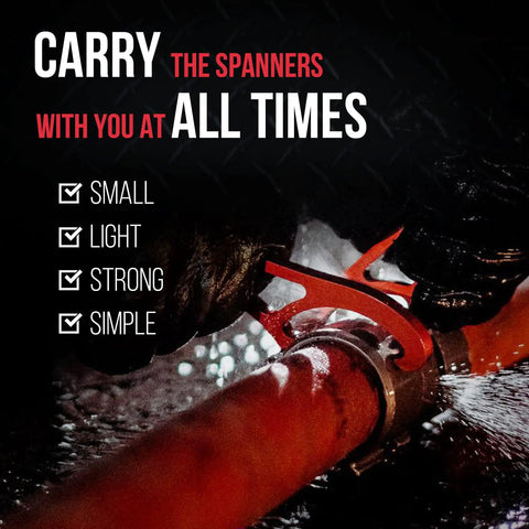 Firefighter uses Ultra Lightweight Firefighter Mini Spanners Set Portable Aluminum Spanner Wrenches For Quick Gear Access In The Field Red 2 Pack Durable 6061 T6 Aluminum on a red hose.