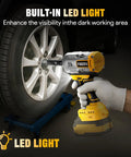 Half Inch Cordless Impact Wrench For 20V Battery System, Delivers 1100 Ft Lbs Torque, Wireless Power, Battery Not Included, Perfect For Auto Repairs, Tire Changes, And Heavy Duty Fastening with LED light on car tire