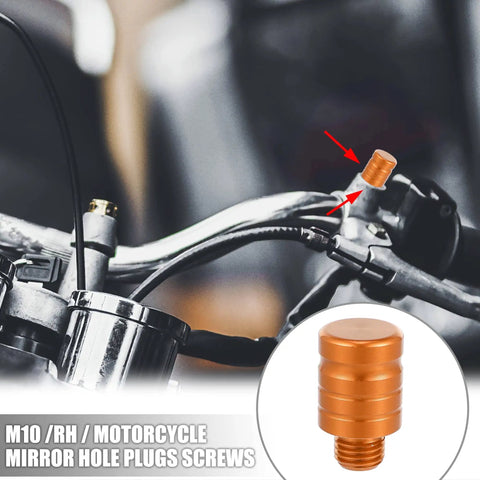 Universal M10x1.25 Motorcycle Right Side Mirror Hole Plugs Screws Aluminum Alloy Orange Caps 2 Pack installed on handlebars