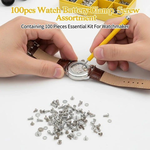 Person using tool on watch with stainless screws nearby, showcasing 100 Piece Watch Screw Kit For Repair And Battery Replacement With Stainless Steel Clamp Screws DIY Friendly Tiny Hardware Set For Watches Precision Screws With Organized Storage For Quick Fixes