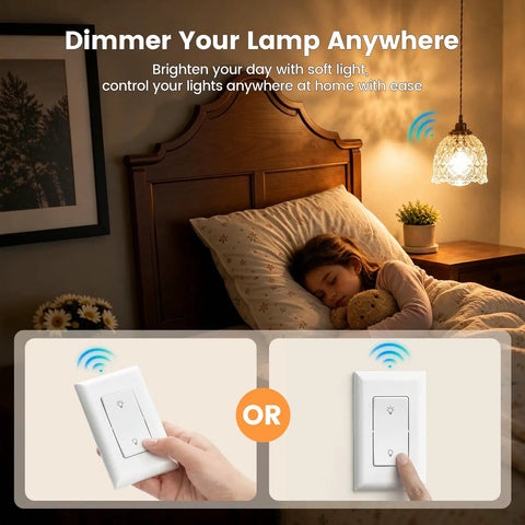 Dimmer Switch Kit With Remote For Two Hundred Watt Incandescent And One Hundred Fifty Watt LED Lighting No Fuss Remote Dimmer With Memory Function Flicker Free Easy Use For Seniors And Mobility Friendly Home, bedroom wall switch and remote