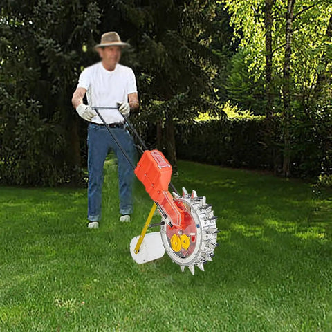 Person using Adjustable Garden Seed Spreader Cart With 400 Sq Meters Per Hour Hopper Capacity on grass
