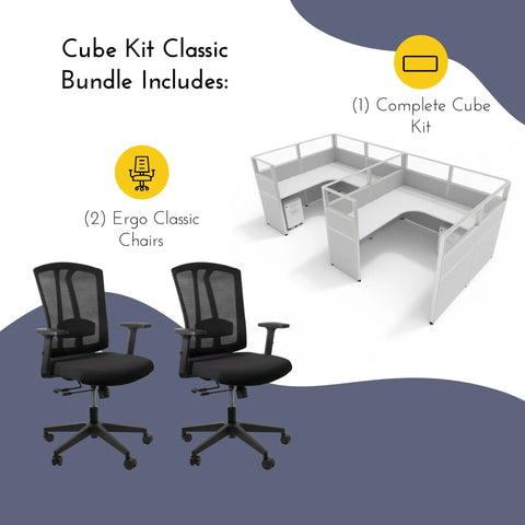 Rock-Solid Modular Office Cubicle Kit Features 7 Smart Layouts For Solo Grind Or Team Flex Plus Ergonomic Chairs Grey office cubicle with two ergonomic chairs.