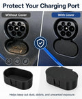 Bulletproof Ccs Charging Port Cover For Tesla Model 3 And Fisker Ocean shows comparison with and without cover, keeping ports clean and protected.