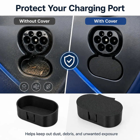 Bulletproof Ccs Charging Port Cover For Tesla Model 3 And Fisker Ocean shows comparison with and without cover, keeping ports clean and protected.