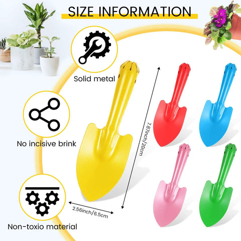 50 Piece Mini Colorful Metal Hand Shovels Set For Gardening Tiny Trowels Dope Digging Planting Transplanting And Soil Work Five Color Assortment Red Yellow Pink Blue Green For Women Men Kids displayed with size and material information.