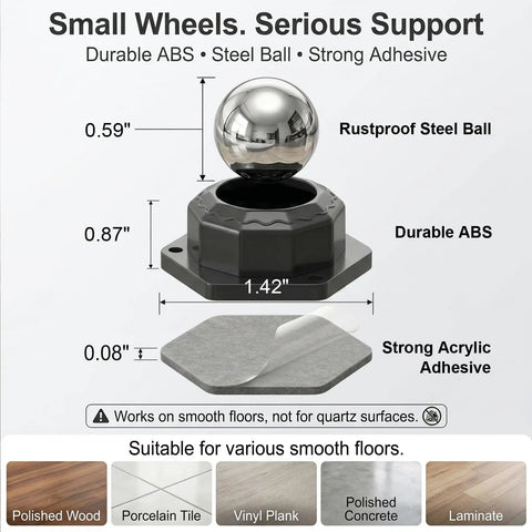 Heavy Duty Hex Self Adhesive Caster Wheels Four Pack snap on design with rustproof steel ball for smooth rolling on floors.