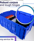 Rock Solid Heavy Duty 18 Gallon Plastic Tote With Handy Hinged Flip Lids showing blue container with tough hinges for storage.