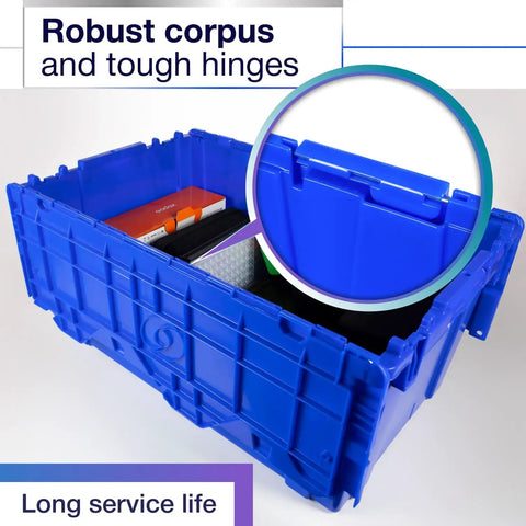 Rock Solid Heavy Duty 18 Gallon Plastic Tote With Handy Hinged Flip Lids showing blue container with tough hinges for storage.