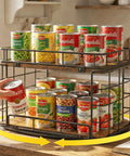 360 Degree Rotating Lazy Susan Can Organizer For Pantry Storage, Holds Twenty Six Cans, Black Smooth Spin Kitchen Rack with soup cans.