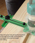 4 In 1 Router Milling Groove Bracket Pro Grade Cabinet Hardware Jig And Woodworking Cutting Tool With Adjustable Router Circle Cutting Guide For Precise Hole Drilling Base Not Included, green aluminum straight-line milling jig on wood