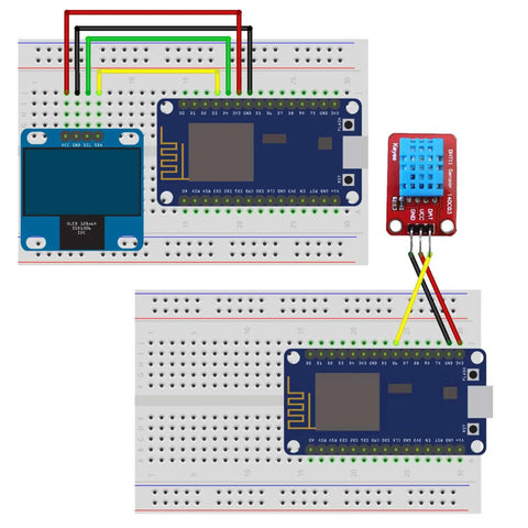 Electronics Starter Kit With WiFi Development Board And DHT11 Temperature Humidity Sensor, 1.3 Inch OLED Display, breadboard setup.