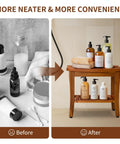 Comparison showing bathroom items on floor vs. 20 Inch Teak Shower Bench Waterproof Wooden Chair For Indoor Use With Shelf