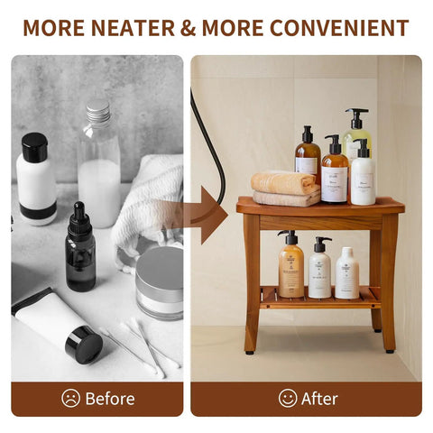 Comparison showing bathroom items on floor vs. 20 Inch Teak Shower Bench Waterproof Wooden Chair For Indoor Use With Shelf