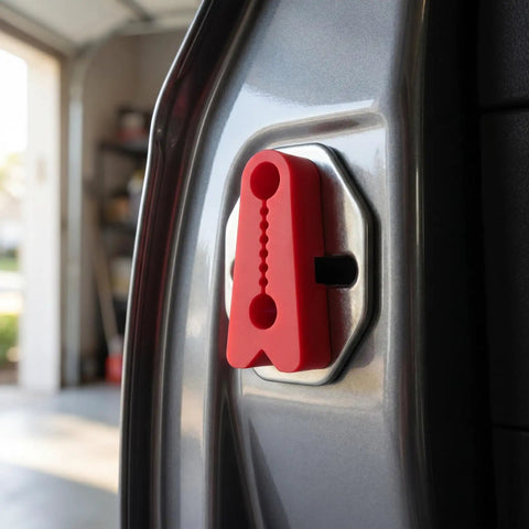 Heavy Duty Silicone Car Door Lock Buffer Pads For Hella Quiet Drives And Zero Rattle With Strong Self Adhesive Backing shown on a vehicle latch.