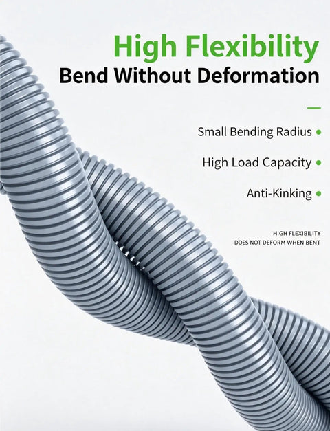 Grey Flame Retardant Corrugated Cable Safety Conduit, Flexible Wave Design showing high flexibility and bending without deformation.