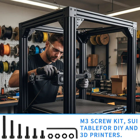 Man assembling 3D printer frame using 405 Piece M3 Screw Assortment Kit Loaded With Hex Socket Head Cap Screws Nuts And Washers.