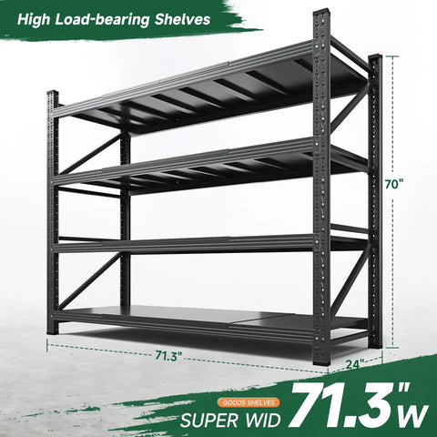 Heavy Duty Metal Garage Shelving Unit With 71.3 Inch Wide 24 Inch Deep 70 Inch Tall Industrial Black 4 Tier Adjustable Storage Racks, 5000 Lb Capacity For Shop And Warehouse