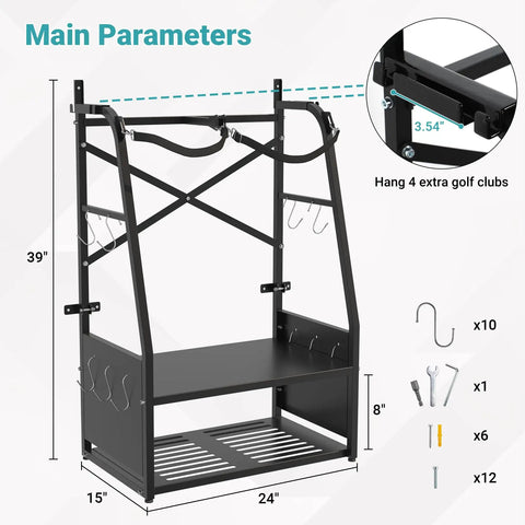 Two Bag Golf Bag Organizer Wall Mount Or Freestanding With Four Club Racks Ten Hooks And Storage Shelf Adjustable Feet Space Saving Stand For Garage Store Club Shed, size 24x15x39 inches