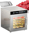 Heavy Duty Stainless Steel Electric Food Dehydrator With 12 Roomy Trays And Massive Capacity, showcasing drying fruits and two trays.