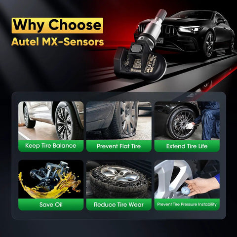 MX Sensor 2 In 1 TPMS Replacement Set Of Four 315 MHz And 433 MHz Press In Sensors For Car Tire Pressure Monitoring System, Easy Install, Plug And Play, Durable Four Pack; black car and tire care benefits graphic