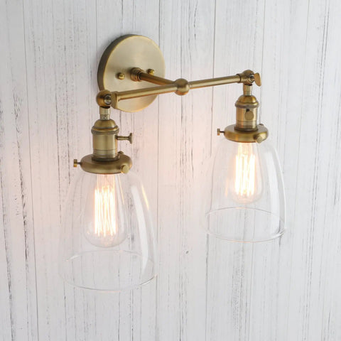 Double Sconce Wall Light Set Vintage Industrial Antique Vibe With Two Oval Cone Clear Glass Shades E26 Compatible metallic finish