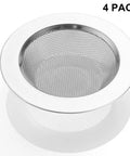 Four Pack Stainless Steel Kitchen Sink Strainers, 4.5 Inch Wide Rim, Rustproof Drain Strainers, mesh design close-up
