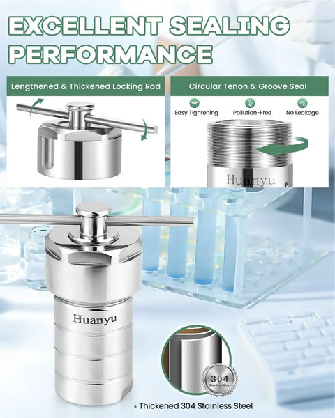 50ml PTFE Lined Hydrothermal Autoclave Reactor For Lab Use with stainless steel, locking rod, and sealing details