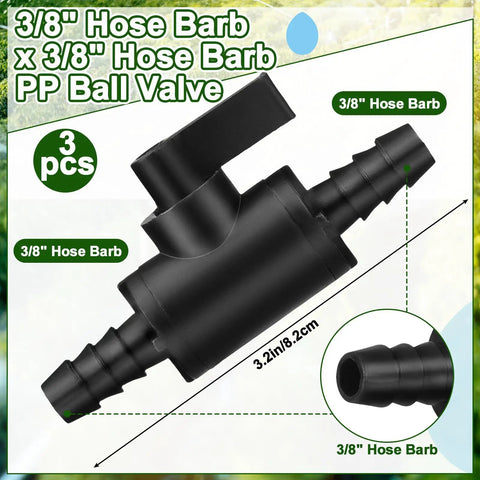 Close-up of 3/8 Inch Ball Valve Barbed Shut Off Valve with 2 Way Hose Barb for sprayer, drip irrigation, aquariums; shows dimensions and connectors