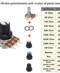 200 Piece Potentiometer Kit With Rotary Knobs And Nuts Washers For WH148 B Type Single Linear Taper 5K 10K 20K 50K 100K 250K 500K 1M Ohm Potentiometers For Audio Projects showing specs and components.