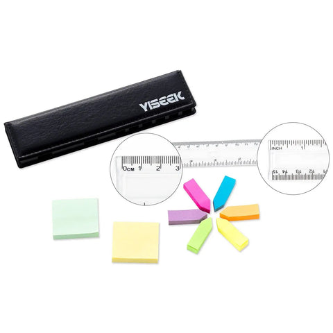 All In One Sticky Notes Set With Dual Scale Ruler Inches And Centimeters, leather case, colorful notes, index tabs displayed