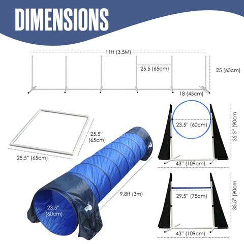 Dimensions of Complete Dog Agility Course Set For Backyard Training And Exercise With Tunnel, Weave Poles, Jumps, and Pause Box