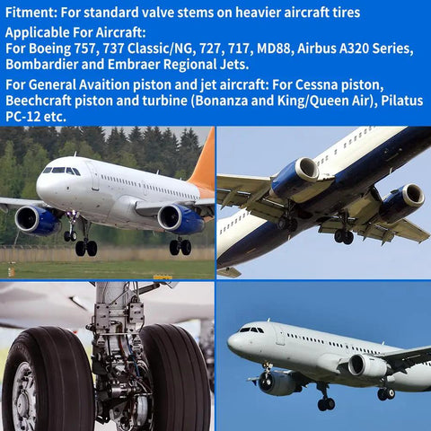 Aircraft Tire Valve Stem Removal Tool With Pro Grade Safe Core For Standard Bore Valves Delivers Fast Safe Air Release For Heavy Aircraft Reducing Technician Injury Risk During Valve Core Removal And Reinstallation displayed with aircraft images.