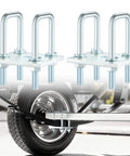 Two Piece Square U Bolt Kit For Boat Trailer Axle Leaf Springs heavy duty U bolts on 2x2 axle showing carbon steel durability.