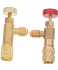 Heavy Duty Brass Refrigerant Valve Adapter Swaps R410 To R22 Smooth As Silk For Car Ac And Ev Coolers No Sweat Plug Right In Quick Install Fitting Kit With Injector, showcasing two brass valve adapters.