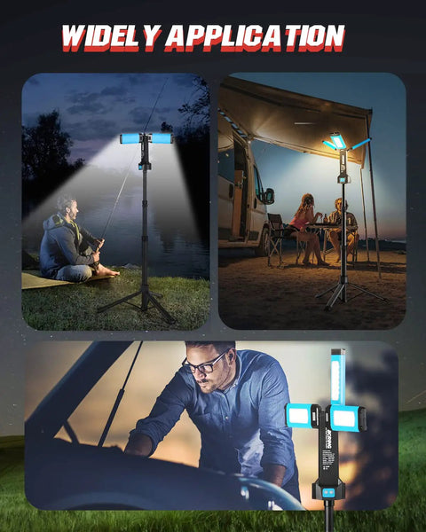 Cordless Rechargeable LED Work Light Kit With Detachable Tripod 8Ah Battery illuminating camping, picnic, and car repair scenes.