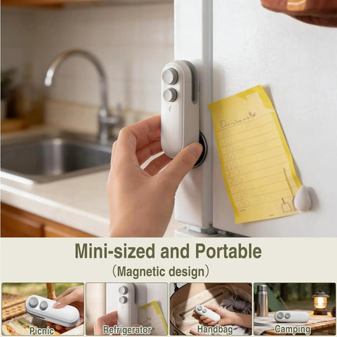 Person placing Rechargeable 2 In 1 Bag Sealer With Cutter And Magnet on fridge, highlighting portable magnetic design.
