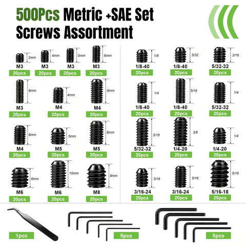 500 Pcs Hex Socket Set Screws Kit Metric And SAE Alloy Steel Cup Point 12.9 Grade Black Zinc Plated Heavy Duty Rust Resistant Anti Strip Hardware For Automotive Machinery And DIY Projects, assorted sizes with hex keys