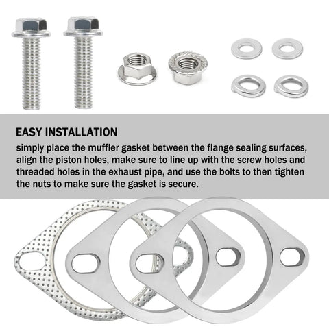 Beefy 2.5 Inch Two Bolt Exhaust Flange Repair Kit With Premium Stainless Steel Muffler Gasket And Rugged Exhaust Bolts displayed.