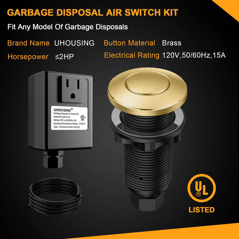 Universal Garbage Disposal Air Switch Kit With Sink Top Push Button, UL Certified, Brass Button, shown with power module