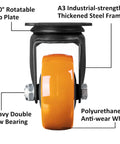 Built Like A Tank Three Inch Swivel Caster Wheels Set Of Four Heavy Duty Polyurethane Treads For Workbenches And Shop Gear Rolls Like Butter Dual Ball Bearings Orange Edition close-up view of caster wheel showing heavy double row bearing and industrial steel frame.