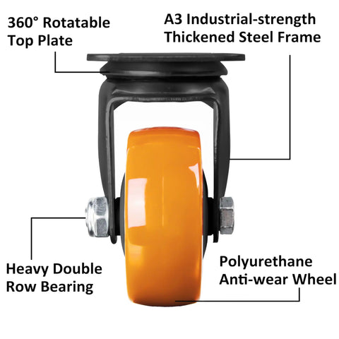 Built Like A Tank Three Inch Swivel Caster Wheels Set Of Four Heavy Duty Polyurethane Treads For Workbenches And Shop Gear Rolls Like Butter Dual Ball Bearings Orange Edition close-up view of caster wheel showing heavy double row bearing and industrial steel frame.