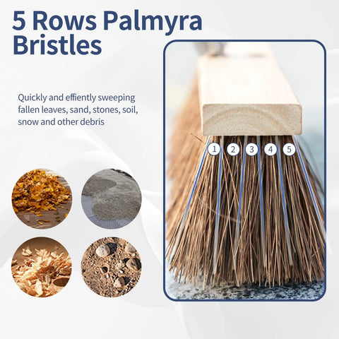 Close-up of Heavy Duty 18 Inch Push Broom With Rock Solid Wooden Base showing 5 rows of Palmyra bristles for effective sweeping.