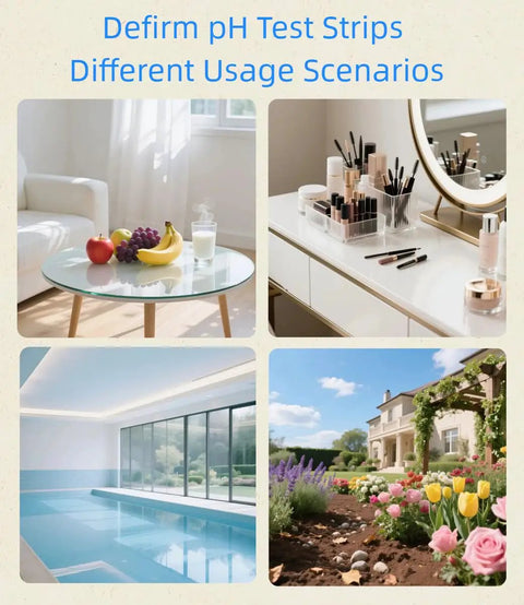 Collage showing uses for Wide Range PH Test Strips 0 To 14 For Home Use Pool Water Cosmetics Lab Classroom Testing; living room, makeup counter, pool, garden.