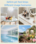 Collage of settings using pH Test Strips Universal Range 4.5 To 9.0 High Accuracy Litmus Paper for home, cosmetics, pool, garden.