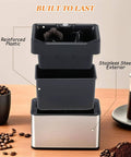 Straight Up Slick Electric Espresso Knock Box With Auto Portafilter Cleaner And Rapid Coffee Grounds Disposal Bin Keeps Your Bar Counter Spick And Span In Classic Black. Reinforced plastic and stainless steel design.