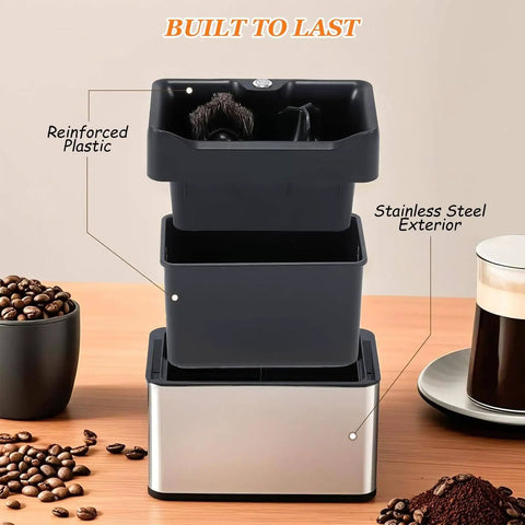 Straight Up Slick Electric Espresso Knock Box With Auto Portafilter Cleaner And Rapid Coffee Grounds Disposal Bin Keeps Your Bar Counter Spick And Span In Classic Black. Reinforced plastic and stainless steel design.
